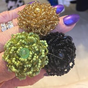 3 glass beaded rings vintage lot flowers floral stretch